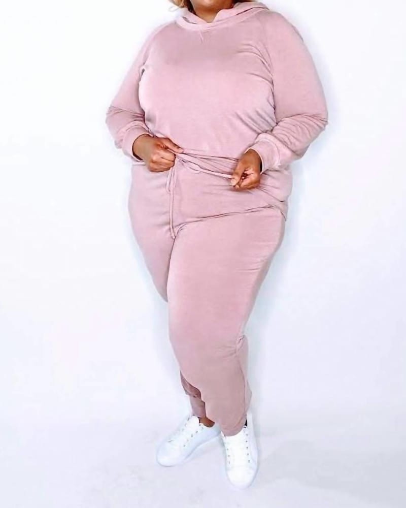 Front of a model wearing a size 3X Casual Jogger Set In Mauve in Mauve by Emerald Collection. | dia_product_style_image_id:351036